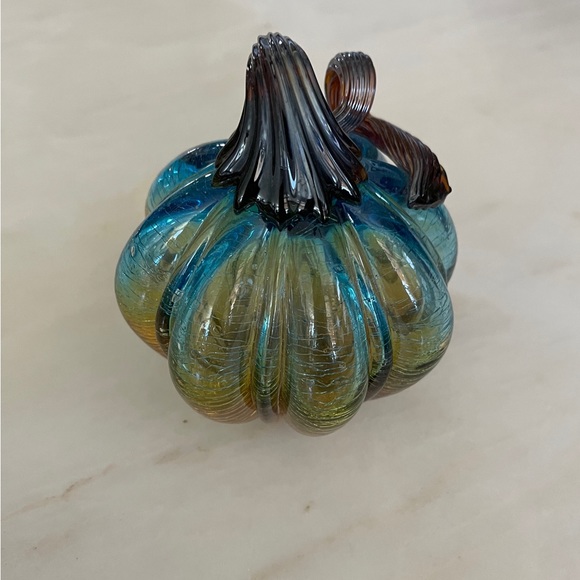Art Glass Turquoise, Amber, and Brown Pumpkin with Curly Stem. 5”- 5 1/2” Dia - Picture 2 of 10